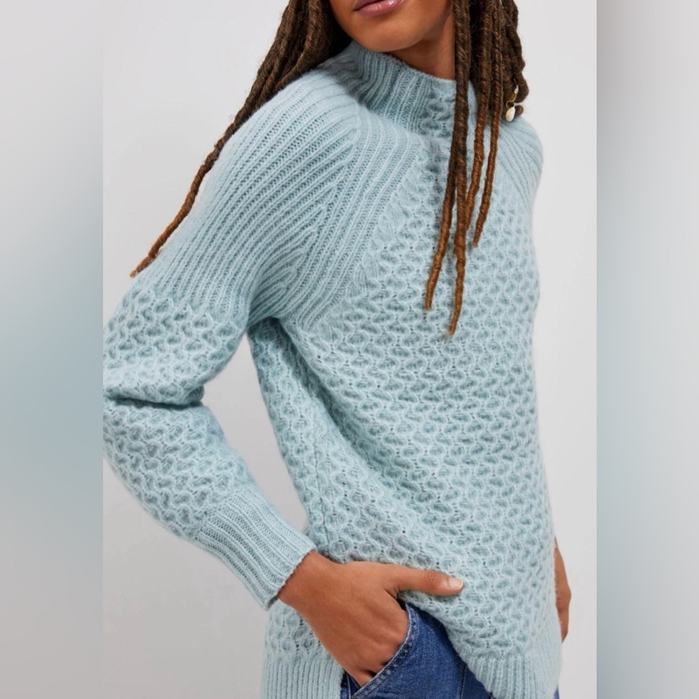 Anthropologie Sweater Womens L Sky Blue Bia Mock Tunic Fisherman Alpaca Chunky